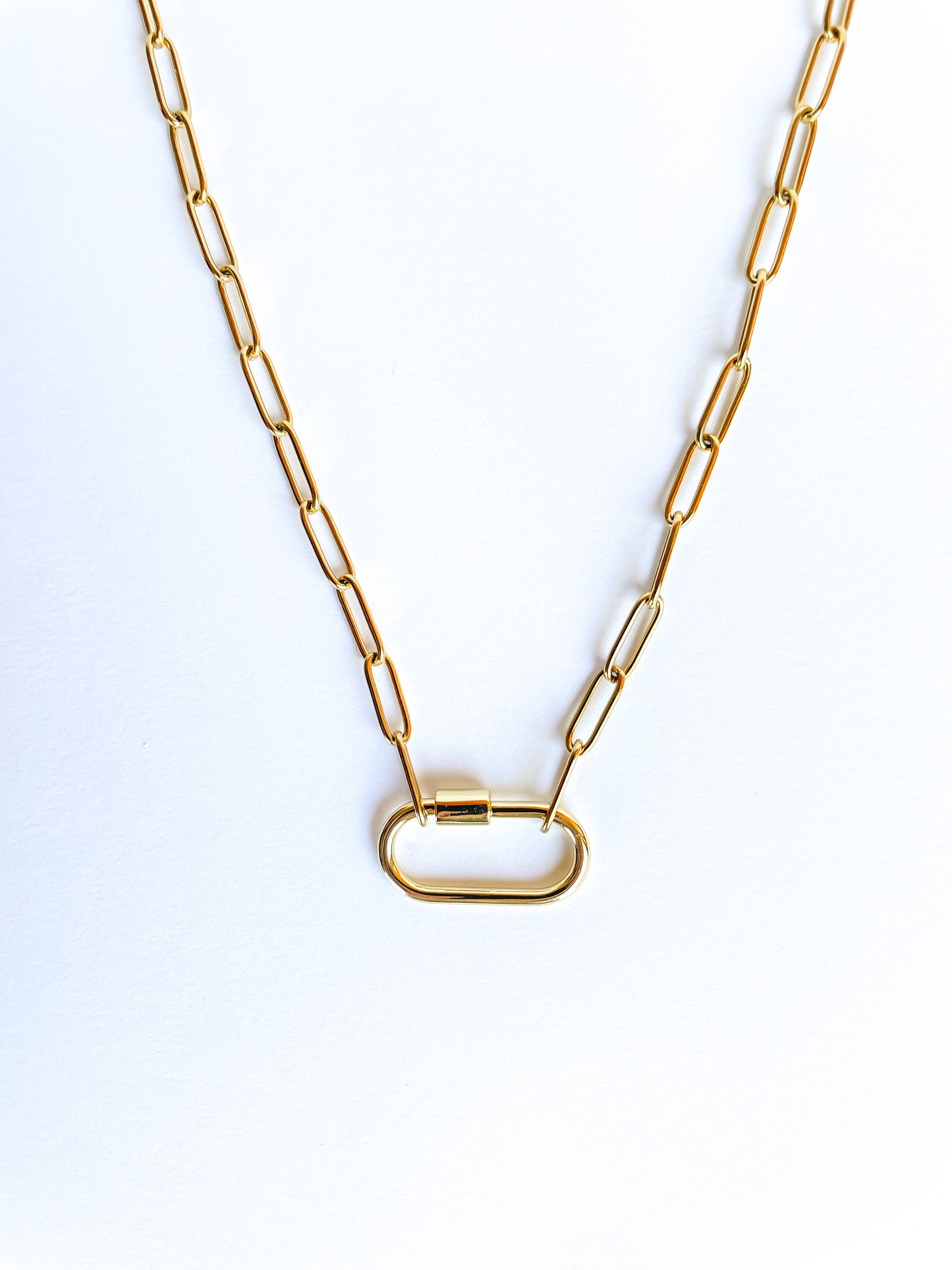 Stylish carabiner paperclip chain necklace, hypoallergenic and tarnish-resistant, with options to add personalized charms.
